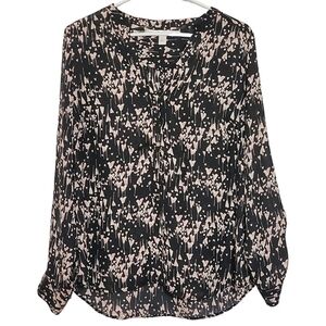 🟢1337 * LC Lauren Conrad Print Blouse Black Cream Pink Size L